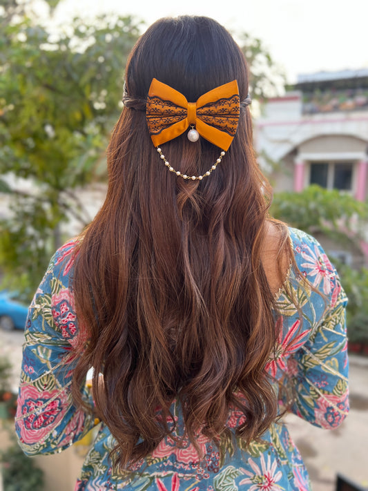 Mustard Lush Lace Bow Clip