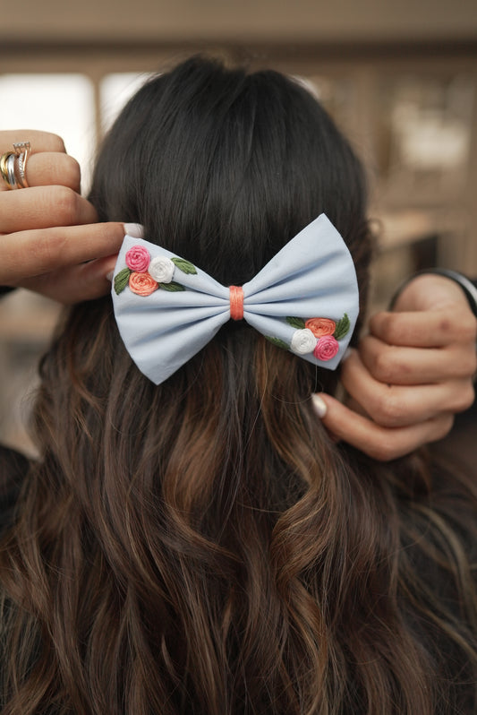 Blue floral embroidery bow