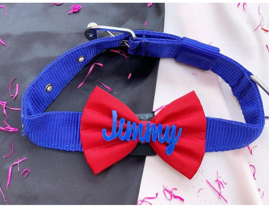 Royal blue/red customise name pet bow