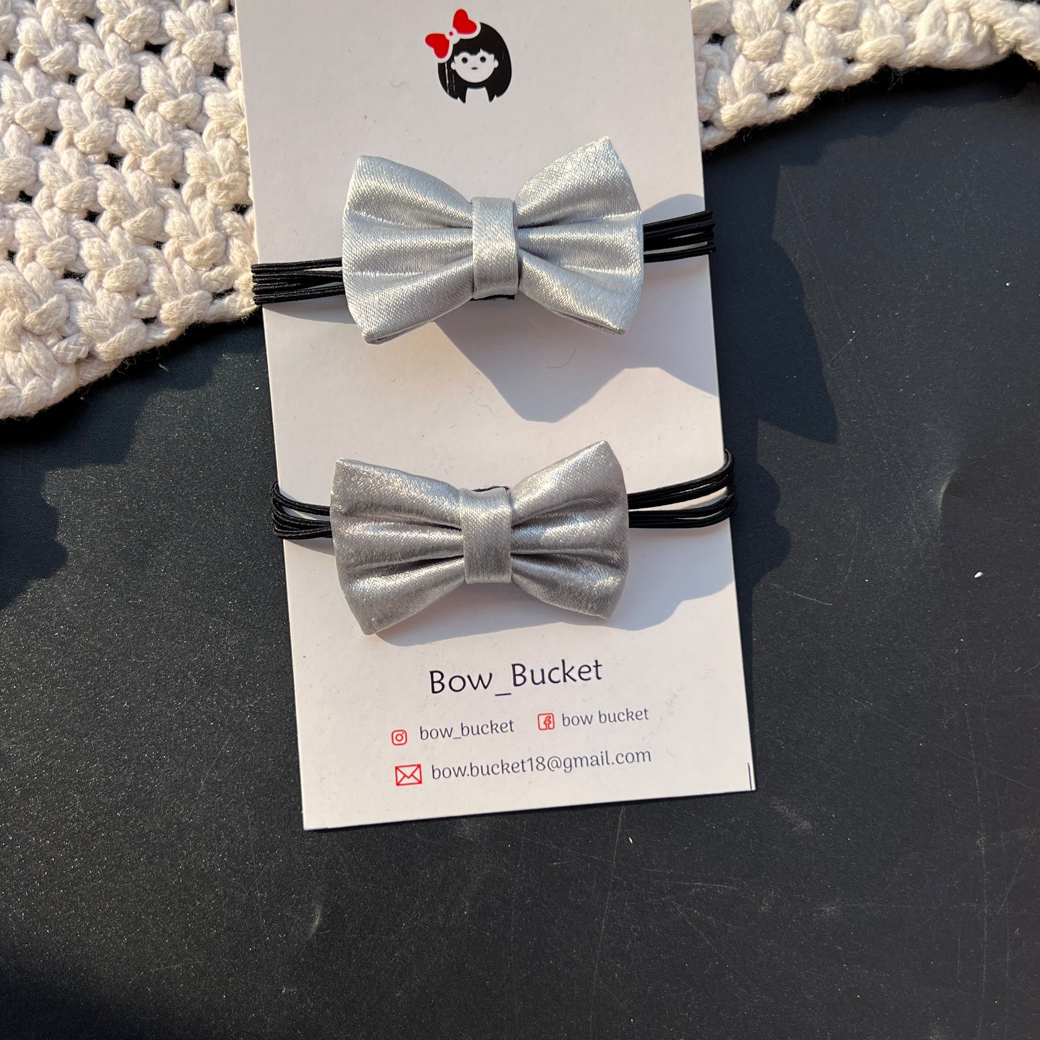 satin sliver Bow rubberband pair