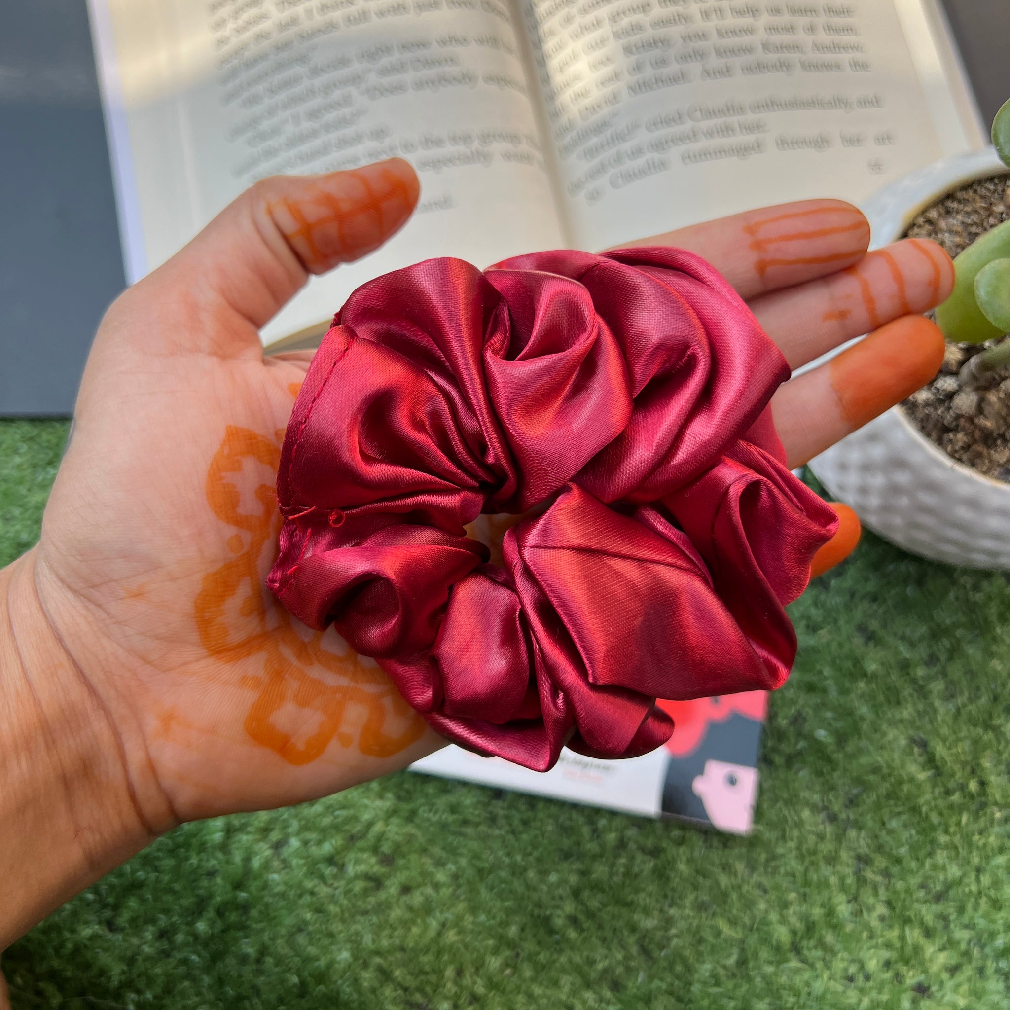 Maroon satin scrunchie