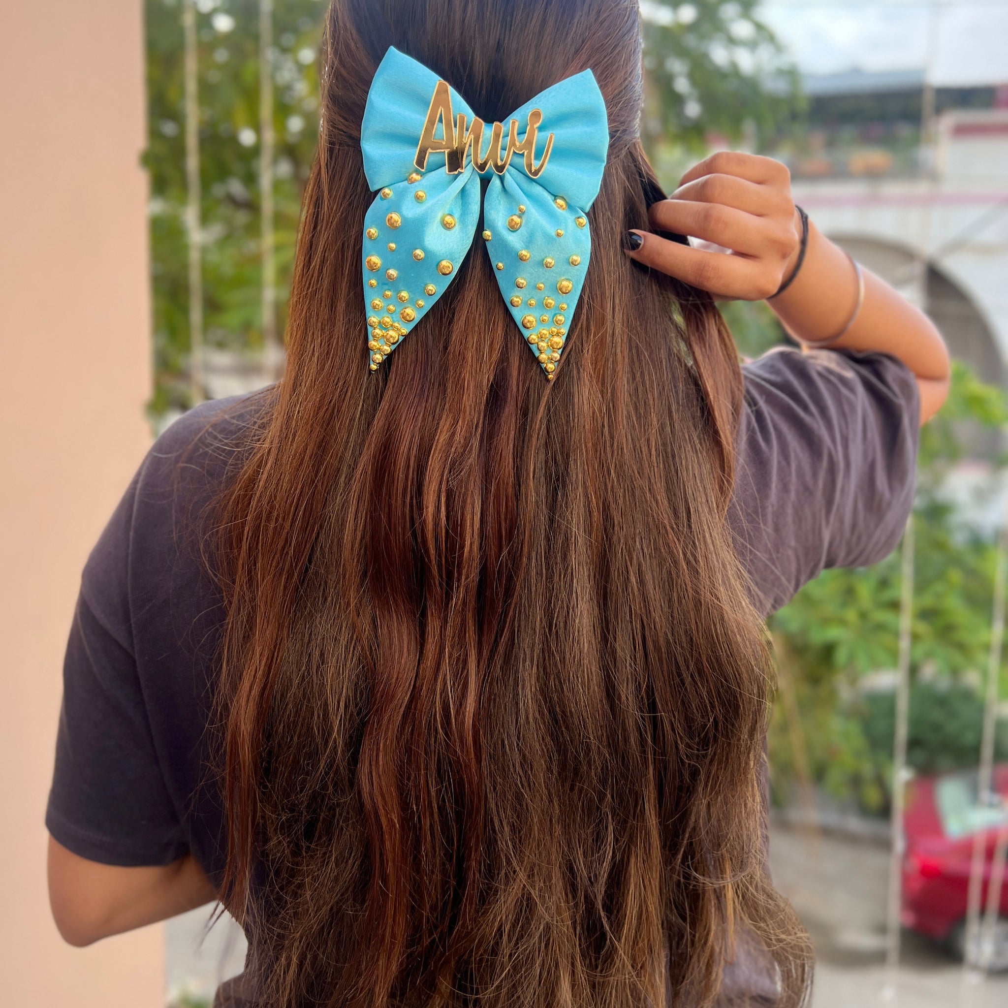 Blue pearl customise name bow clip
