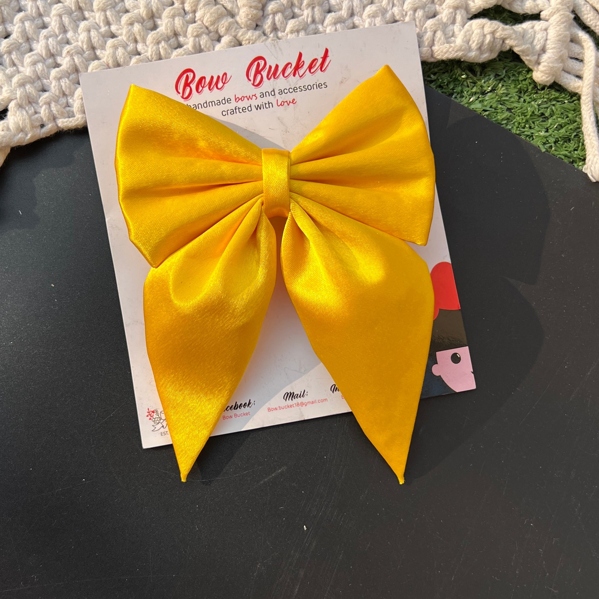 Yellow satin bow clip - size - 4"