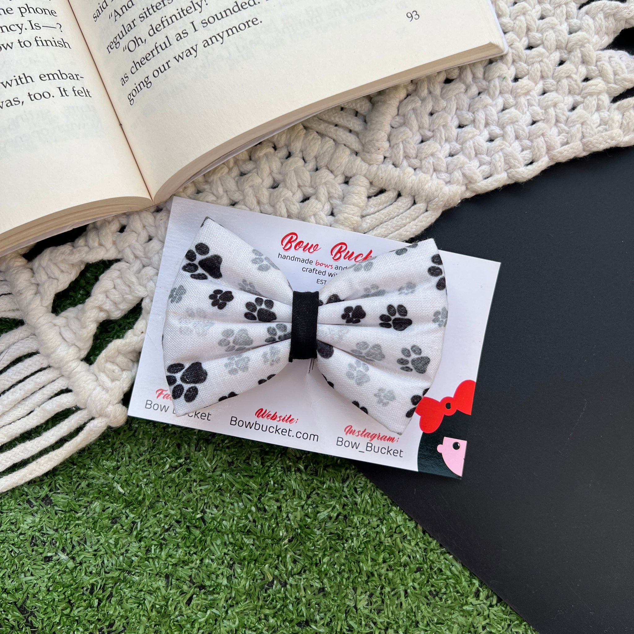 Black & White Paw Print Bow Clip